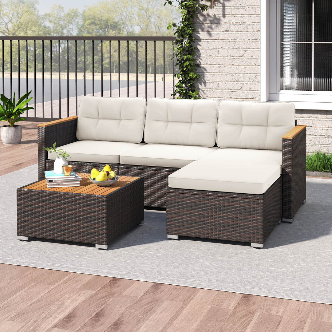 5-Piece Wicker Conversation Set Rattan Set with Cushions and Coffee Table-White
