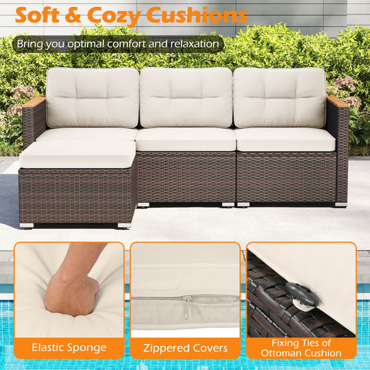 5-Piece Wicker Conversation Set Rattan Set with Cushions and Coffee Table-White