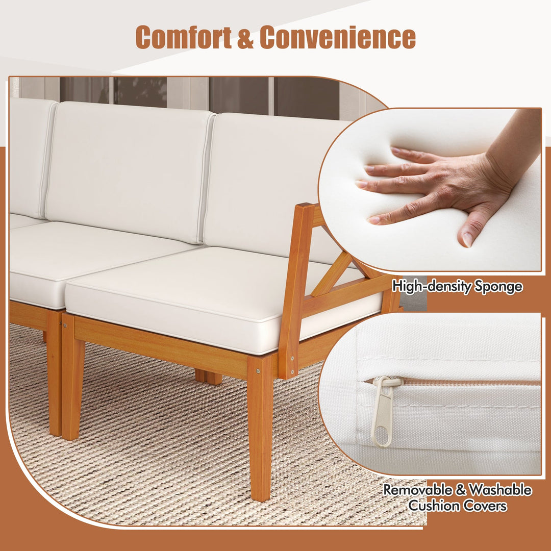 5 Pieces Acacia Wood Patio Furniture Set Outdoor Sectional Conversation Set with Cushions-Off White