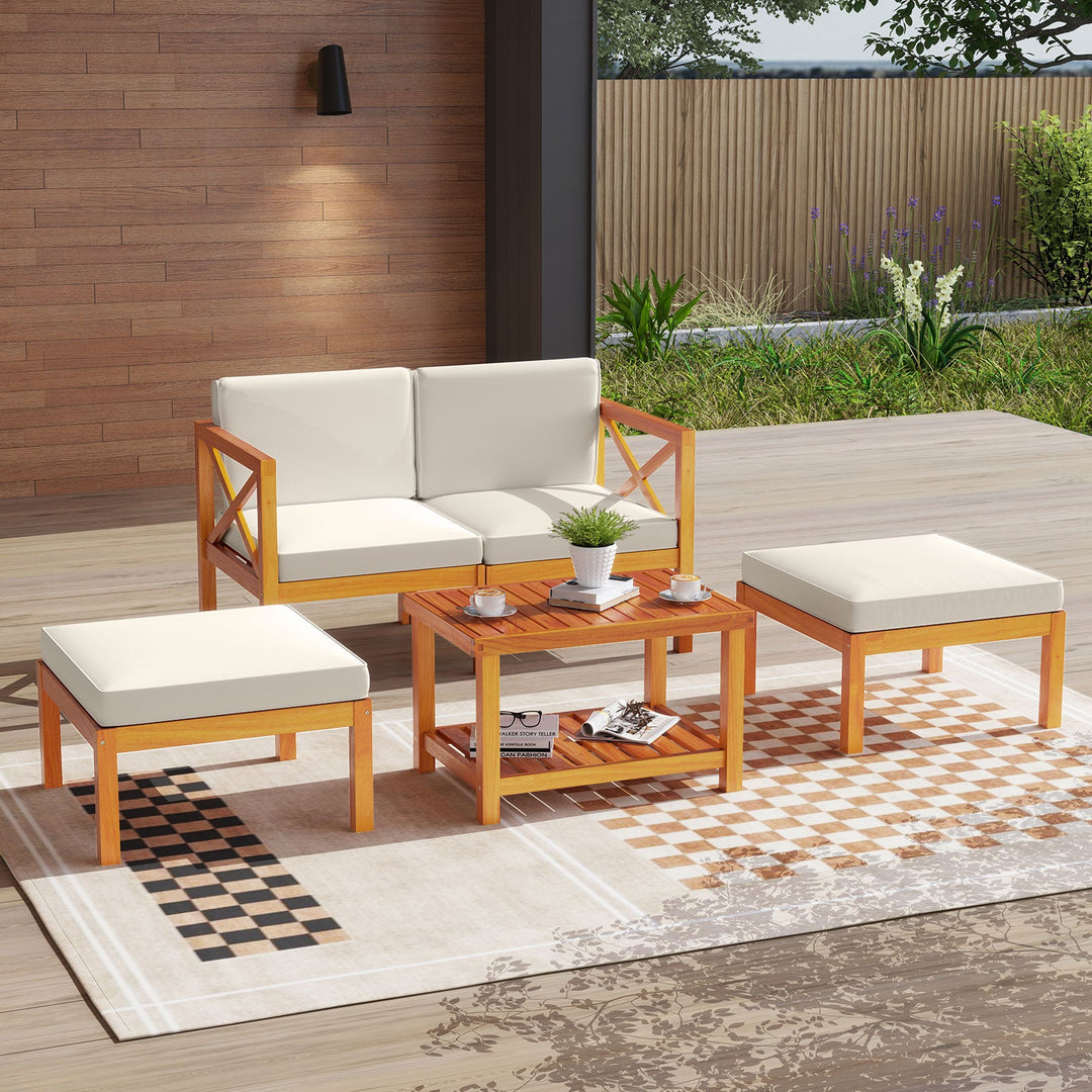 5 Pieces Acacia Wood Patio Lounge Chair Set with Ottomans and Cushions-White
