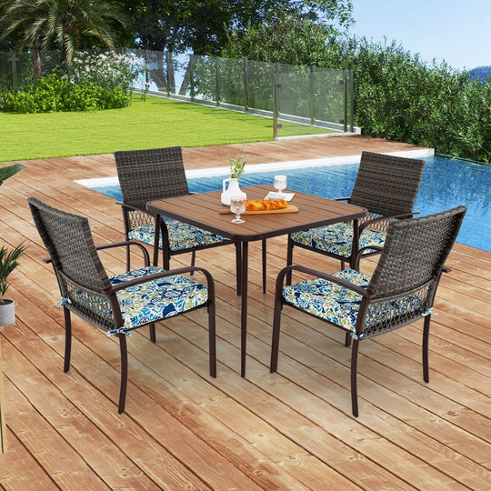 5 Pieces Patio Dining Set 4 Cushioned Rattan Armchairs and Square Table