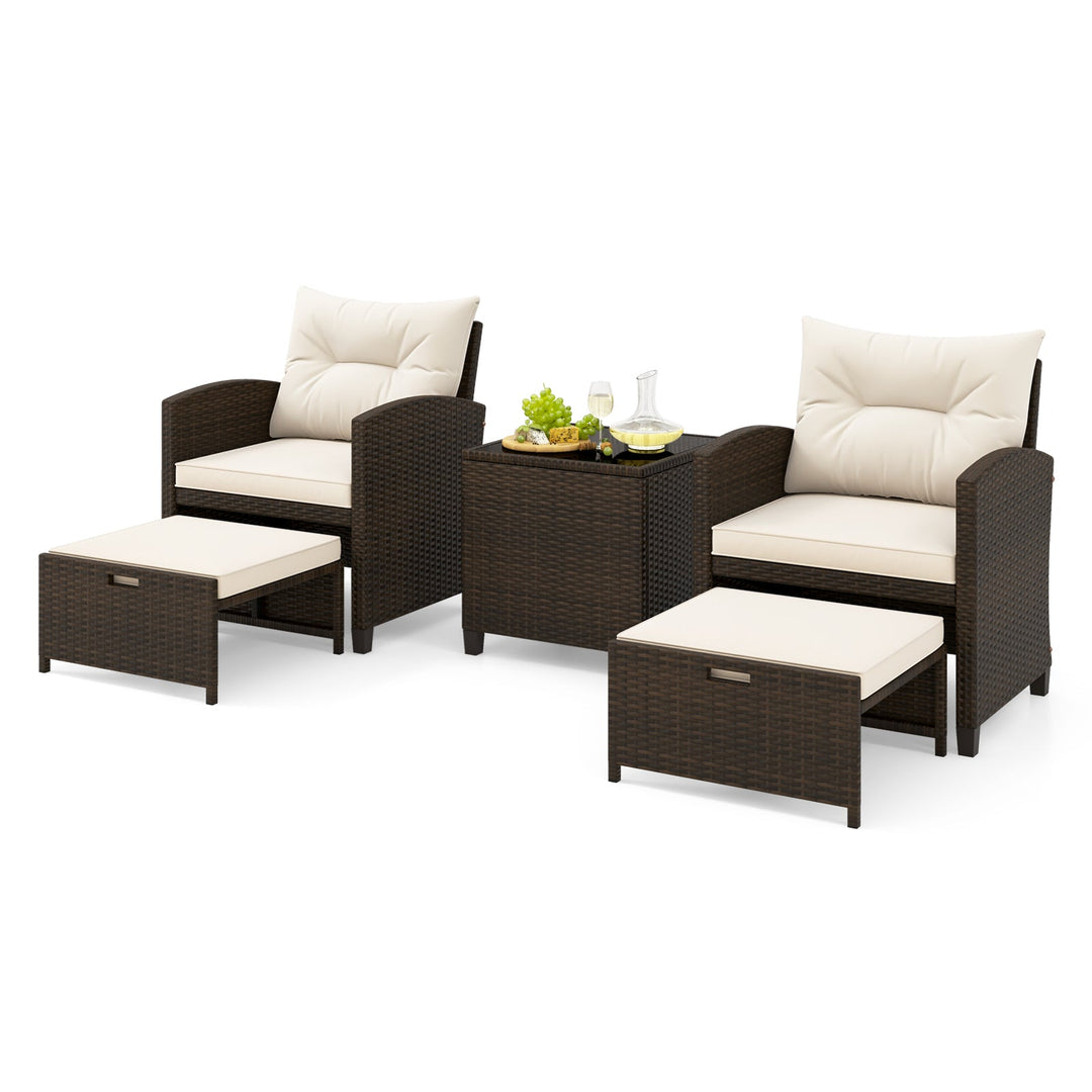 5 Pieces Patio Rattan Furniture with 2 Ottomans and Tempered Glass Coffee Table-Red
