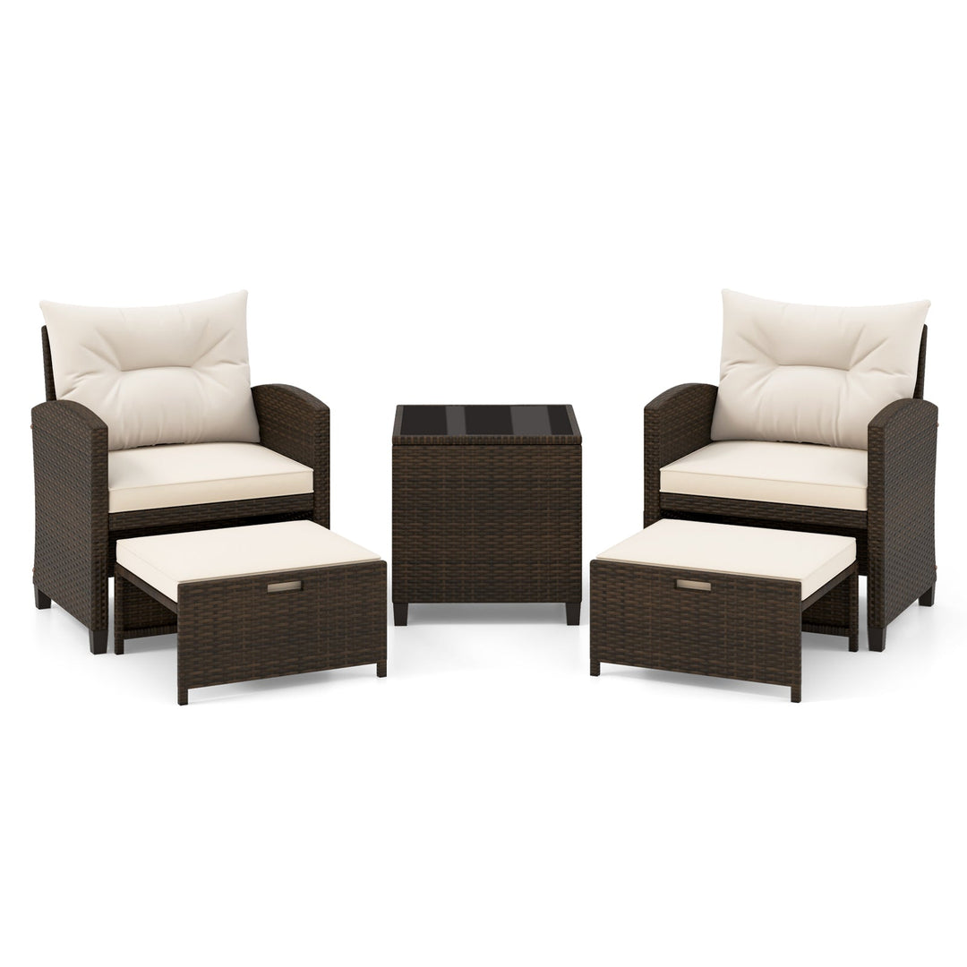 5 Pieces Patio Rattan Furniture with 2 Ottomans and Tempered Glass Coffee Table-Red