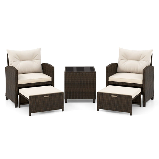 5 Pieces Patio Rattan Furniture with 2 Ottomans and Tempered Glass Coffee Table-Red