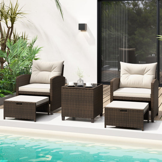 5 Pieces Patio Rattan Furniture with 2 Ottomans and Tempered Glass Coffee Table-Red