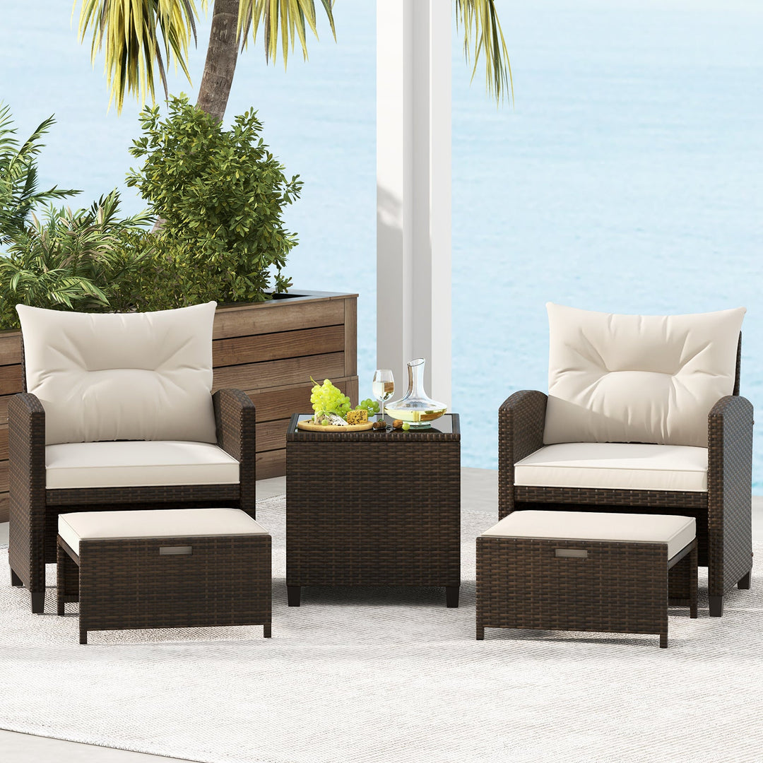 5 Pieces Patio Rattan Furniture with 2 Ottomans and Tempered Glass Coffee Table-Red