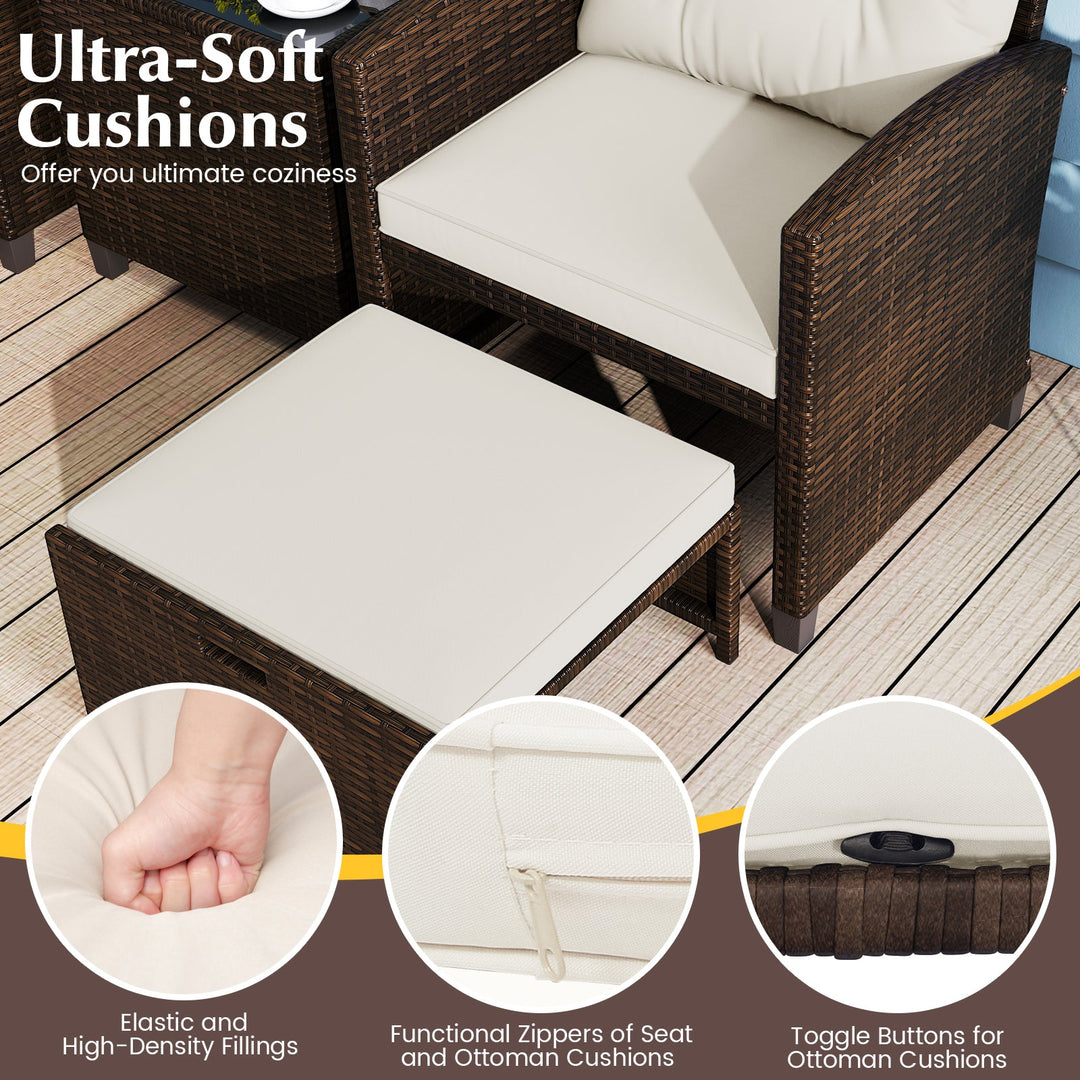 5 Pieces Patio Rattan Furniture with 2 Ottomans and Tempered Glass Coffee Table-Red