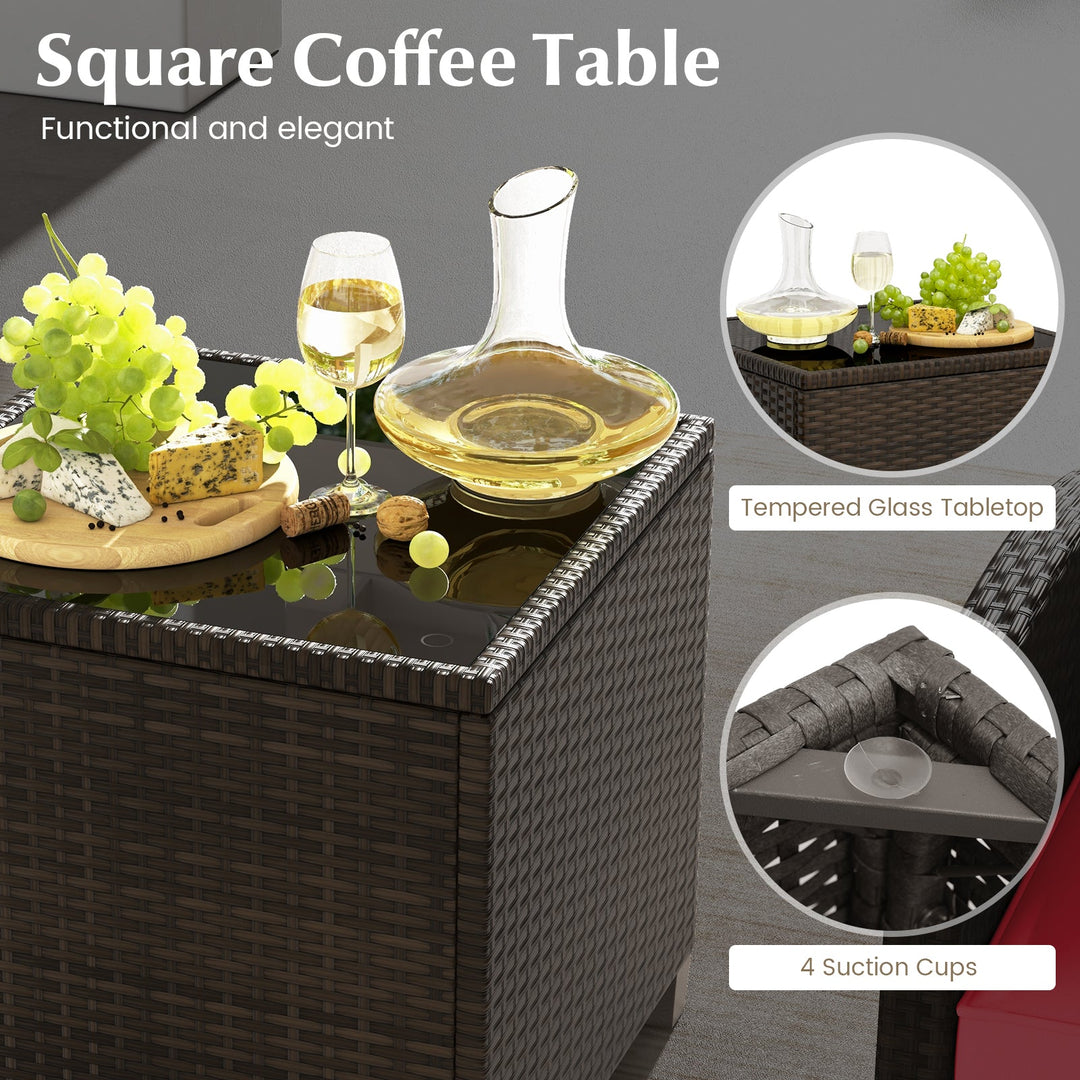 5 Pieces Patio Rattan Furniture with 2 Ottomans and Tempered Glass Coffee Table-Red