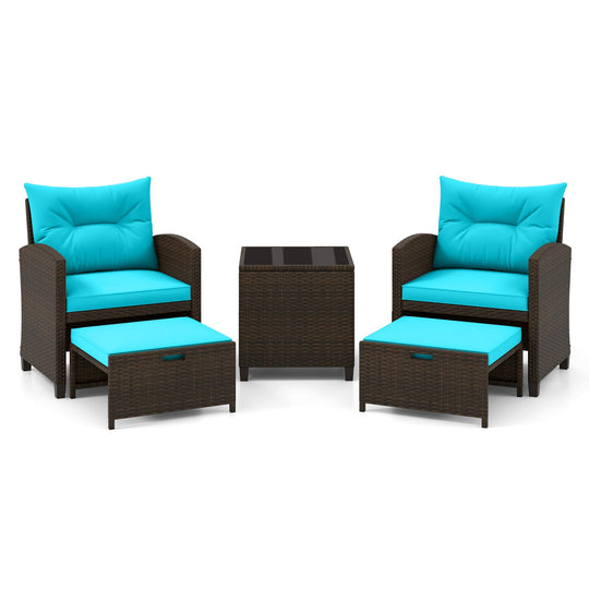 5 Pieces Patio Rattan Furniture with 2 Ottomans and Tempered Glass Coffee Table-Red