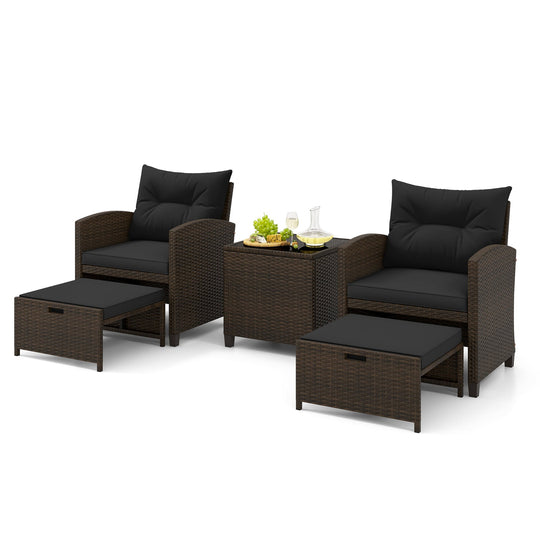 5 Pieces Patio Rattan Furniture with 2 Ottomans and Tempered Glass Coffee Table-Red