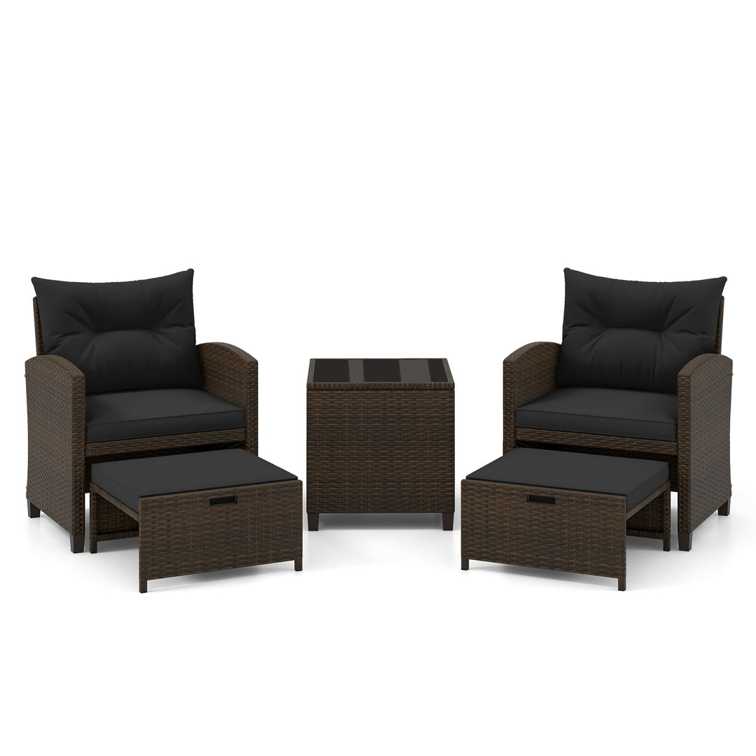 5 Pieces Patio Rattan Furniture with 2 Ottomans and Tempered Glass Coffee Table-Red