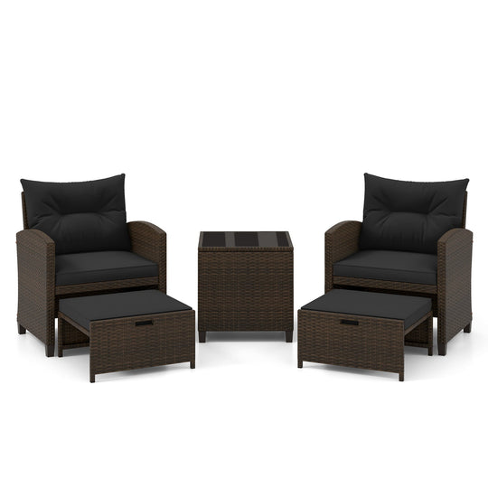 5 Pieces Patio Rattan Furniture with 2 Ottomans and Tempered Glass Coffee Table-Red