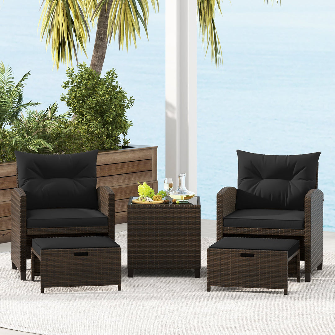 5 Pieces Patio Rattan Furniture with 2 Ottomans and Tempered Glass Coffee Table-Red