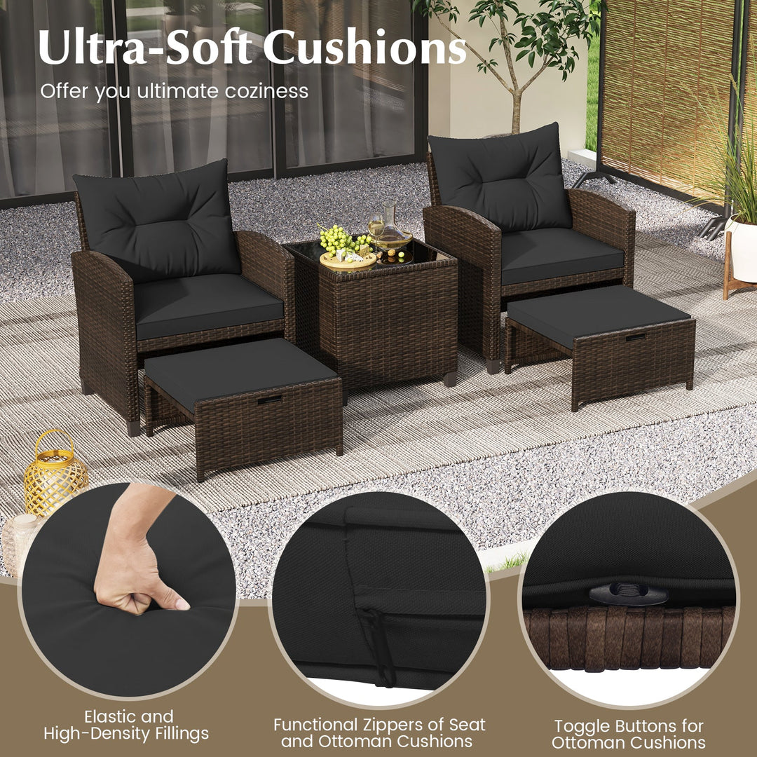 5 Pieces Patio Rattan Furniture with 2 Ottomans and Tempered Glass Coffee Table-Red