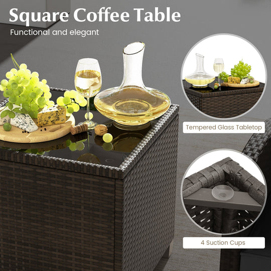 5 Pieces Patio Rattan Furniture with 2 Ottomans and Tempered Glass Coffee Table-Red