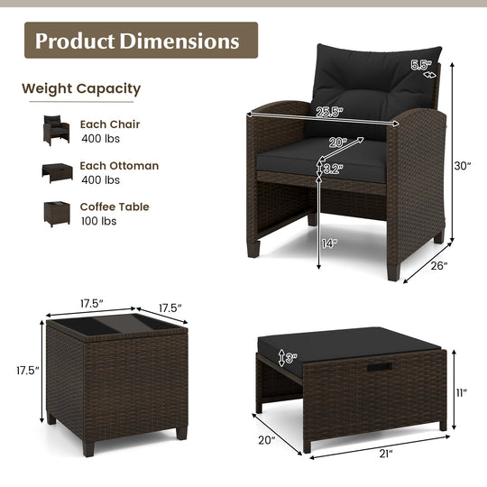 5 Pieces Patio Rattan Furniture with 2 Ottomans and Tempered Glass Coffee Table-Red