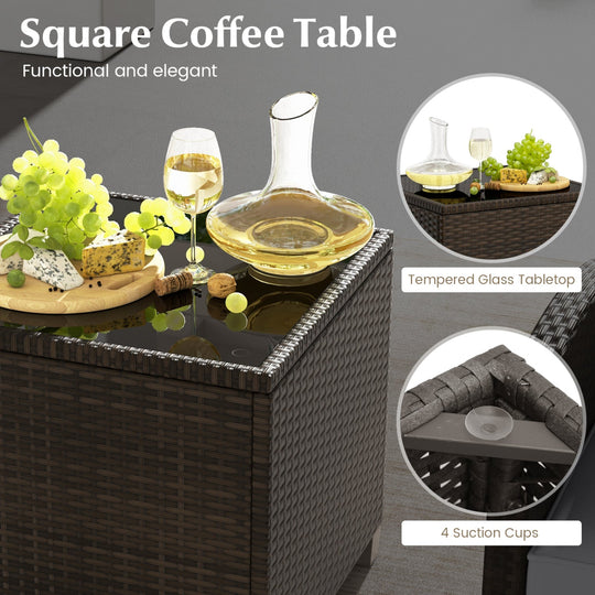 5 Pieces Patio Rattan Furniture with 2 Ottomans and Tempered Glass Coffee Table-Red