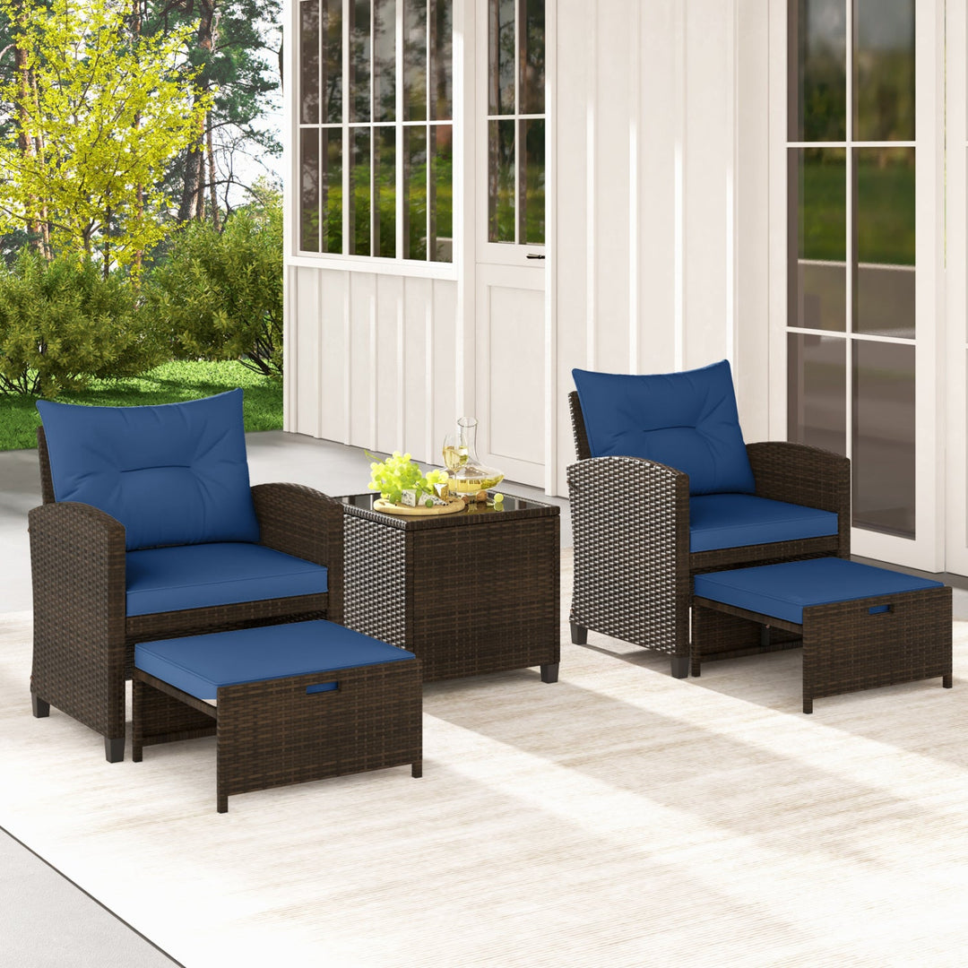 5 Pieces Patio Rattan Furniture with 2 Ottomans and Tempered Glass Coffee Table-Red