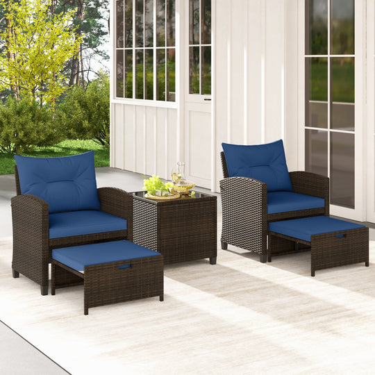 5 Pieces Patio Rattan Furniture with 2 Ottomans and Tempered Glass Coffee Table-Red