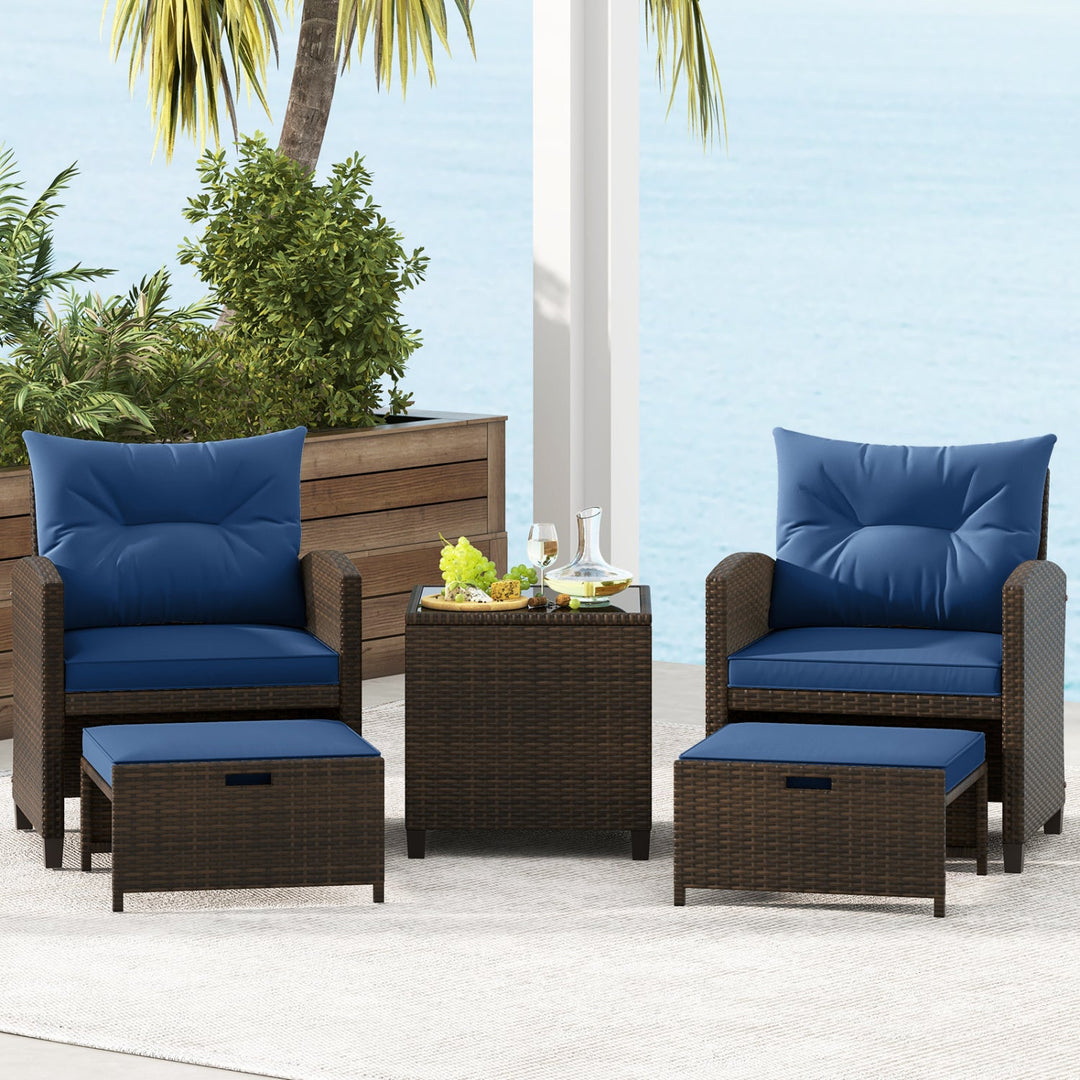 5 Pieces Patio Rattan Furniture with 2 Ottomans and Tempered Glass Coffee Table-Red
