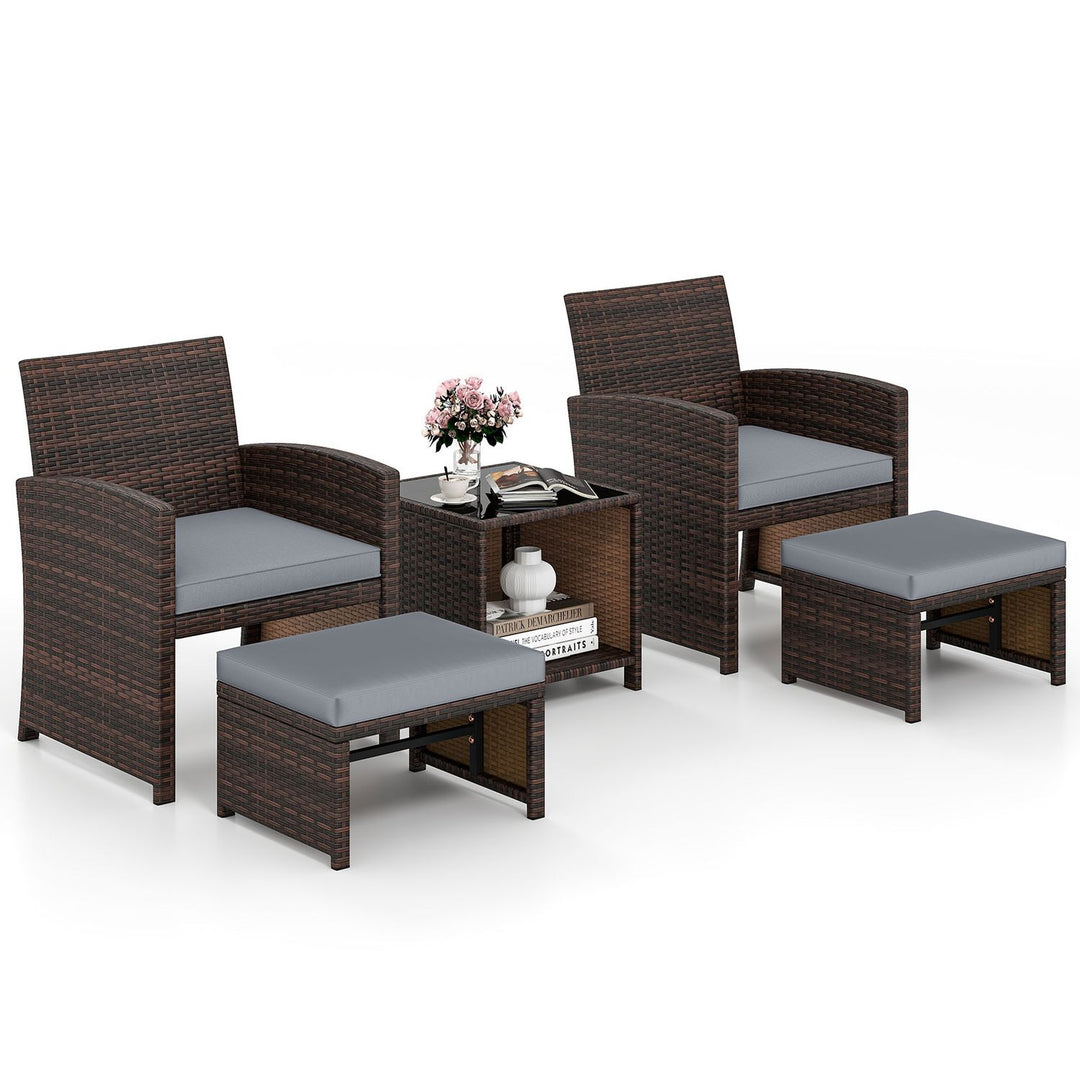 5 Pieces Patio Rattan Furniture Set with Ottoman and Tempered Glass Coffee Table-Gray