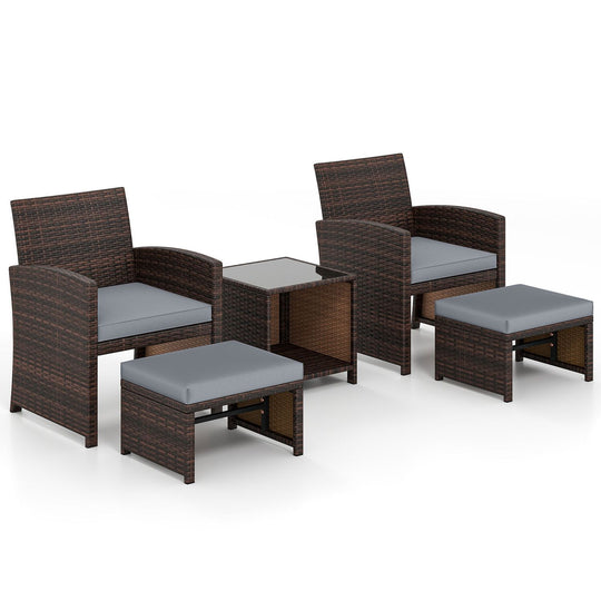 5 Pieces Patio Rattan Furniture Set with Ottoman and Tempered Glass Coffee Table-Gray