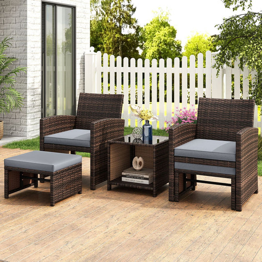 5 Pieces Patio Rattan Furniture Set with Ottoman and Tempered Glass Coffee Table-Gray