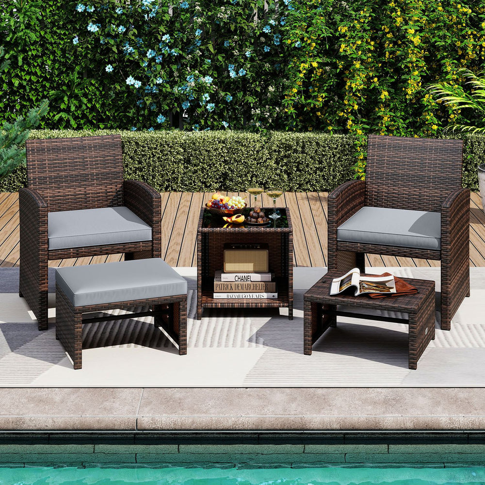 5 Pieces Patio Rattan Furniture Set with Ottoman and Tempered Glass Coffee Table-Gray