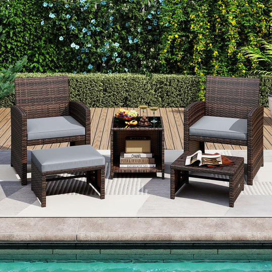 5 Pieces Patio Rattan Furniture Set with Ottoman and Tempered Glass Coffee Table-Gray