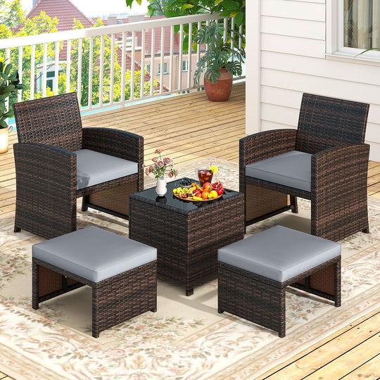 5 Pieces Patio Rattan Furniture Set with Ottoman and Tempered Glass Coffee Table-Gray