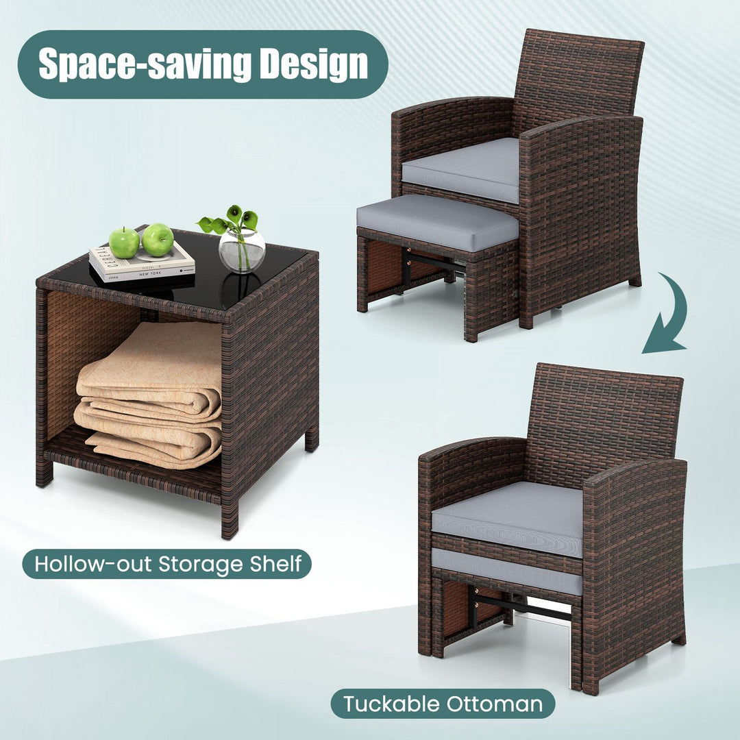 5 Pieces Patio Rattan Furniture Set with Ottoman and Tempered Glass Coffee Table-Gray