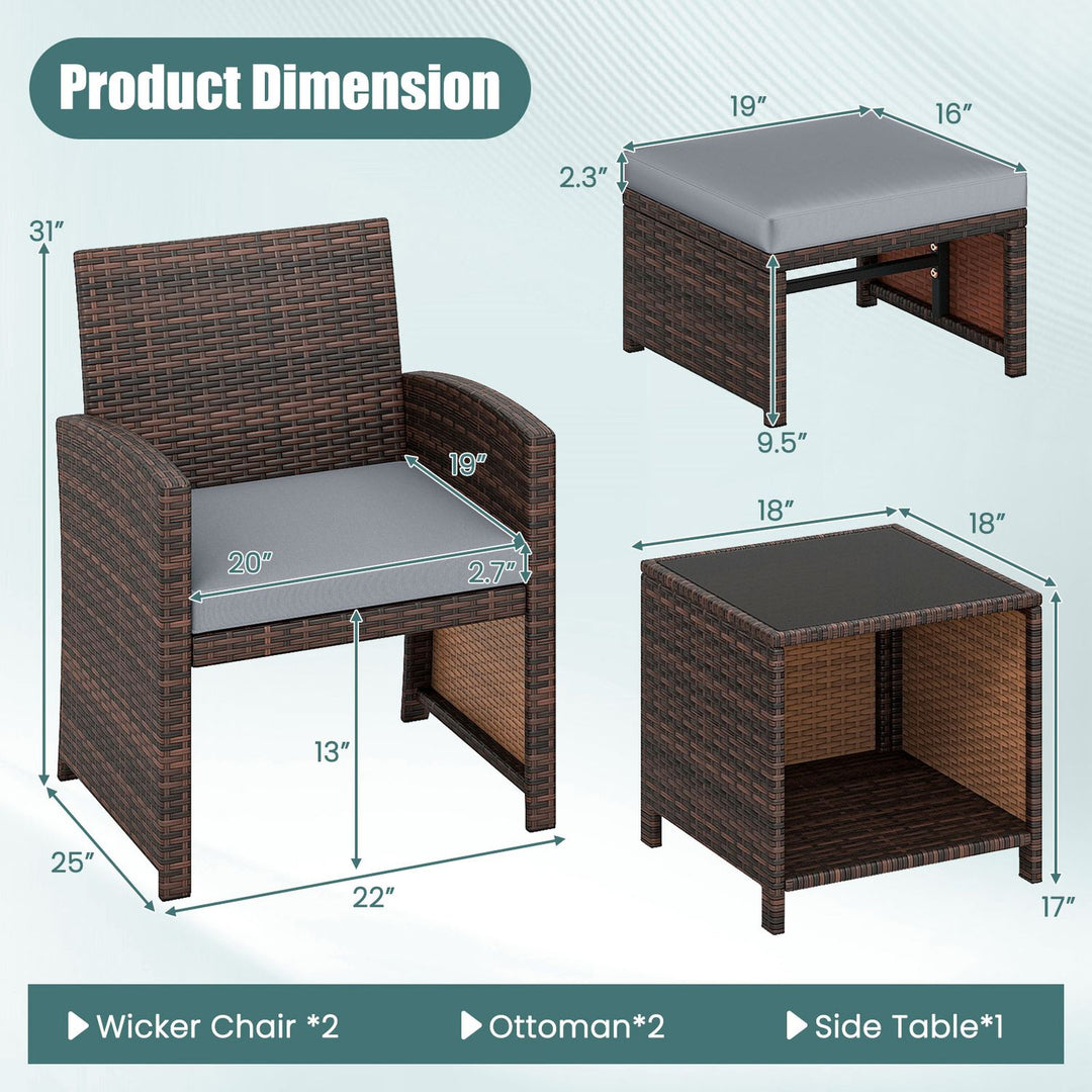 5 Pieces Patio Rattan Furniture Set with Ottoman and Tempered Glass Coffee Table-Gray
