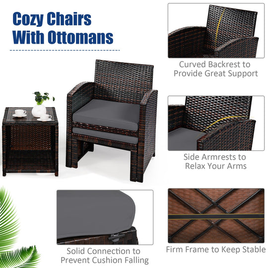 5 Pieces Patio Rattan Furniture Set with Ottoman and Tempered Glass Coffee Table-Gray