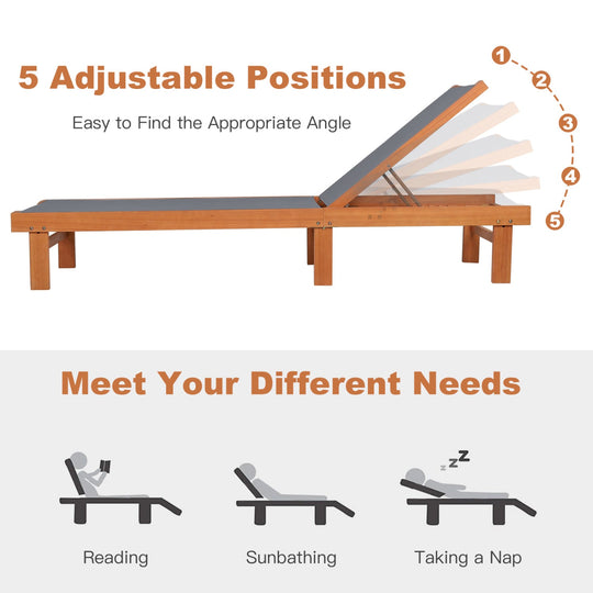 Adjustable Wood Chaise Lounge Chair with 5-Position Backrest