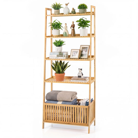 5-Tier Bamboo Ladder Shelf with Display Shelves and Open Storage Basket-Natural