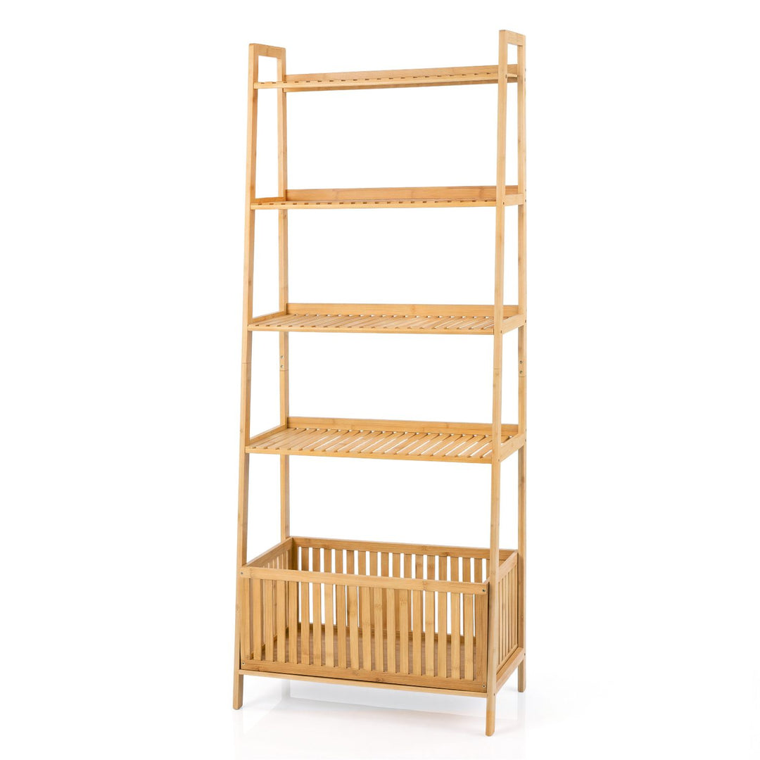 5-Tier Bamboo Ladder Shelf with Display Shelves and Open Storage Basket-Natural