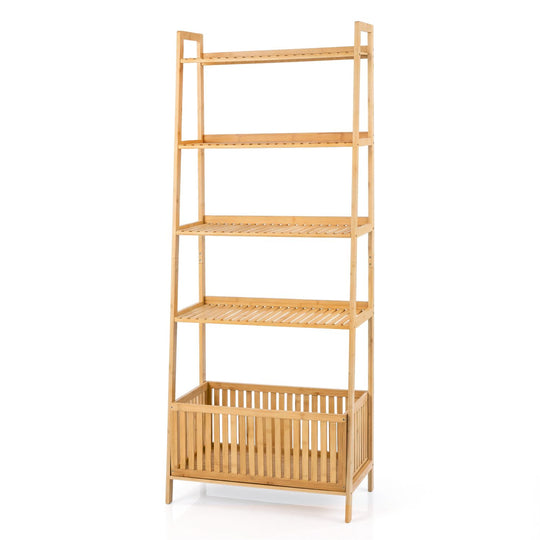 5-Tier Bamboo Ladder Shelf with Display Shelves and Open Storage Basket-Natural