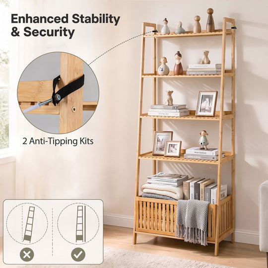 5-Tier Bamboo Ladder Shelf with Display Shelves and Open Storage Basket-Natural