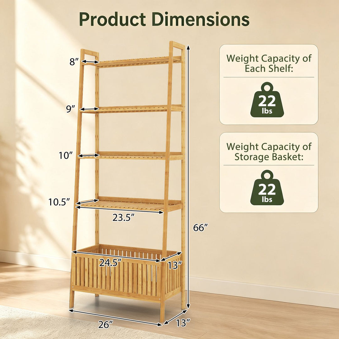 5-Tier Bamboo Ladder Shelf with Display Shelves and Open Storage Basket-Natural