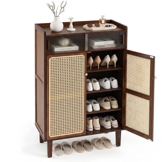 5-Tier Bamboo Shoe Cabinet with Woven Rattan Sliding Doors