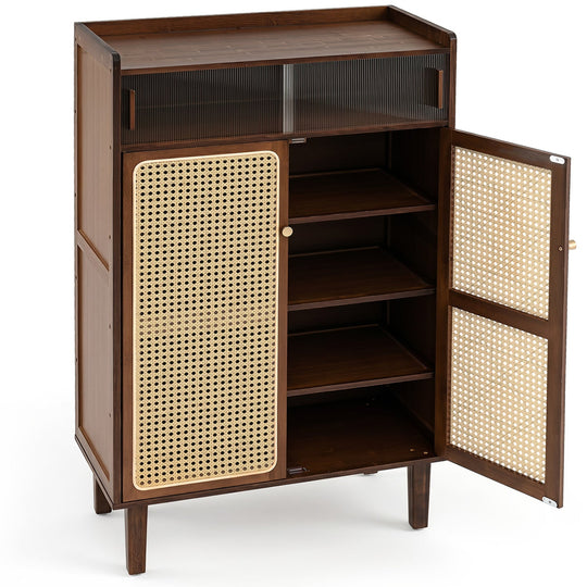 5-Tier Bamboo Shoe Cabinet with Woven Rattan Sliding Doors