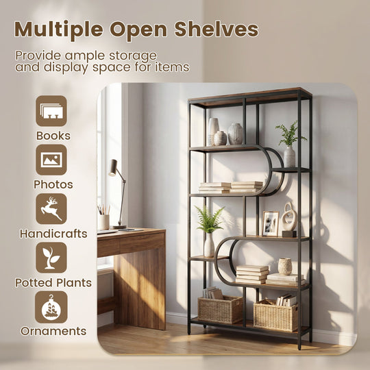 5-Tier Bookshelf Tall Etagere Bookcase with Open Storage Shelves and U Shape