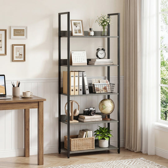 5-Tier Bookshelf Tall Wooden Open Bookcase with Back Panels
