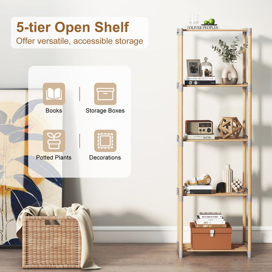 5-Tier Pine Wood Bookshelf with Open Shelves