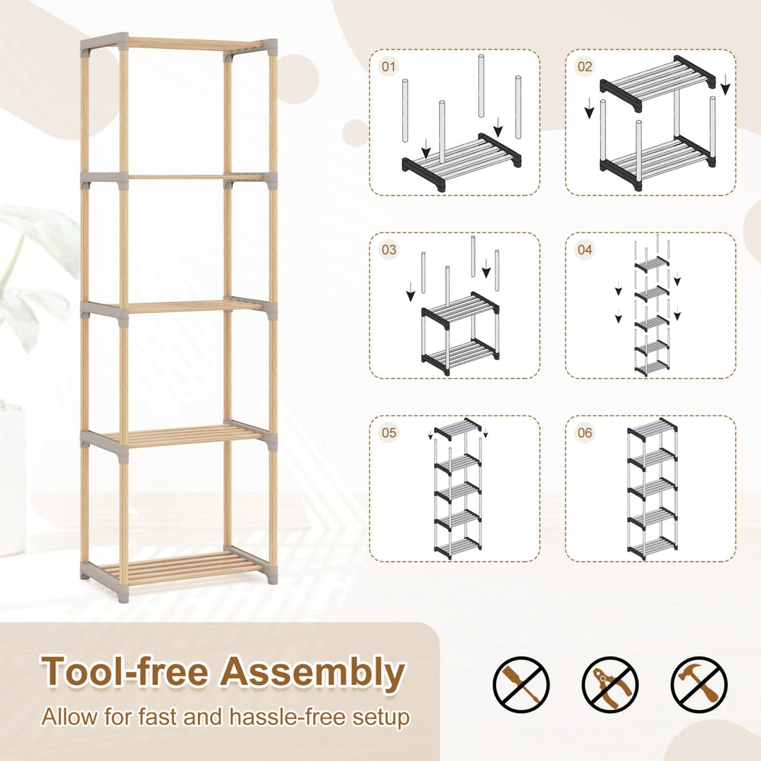 5-Tier Pine Wood Bookshelf with Open Shelves