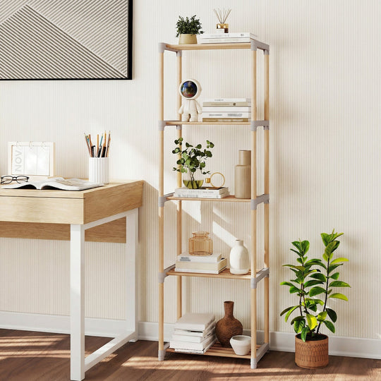 5-Tier Pine Wood Bookshelf with Open Shelves