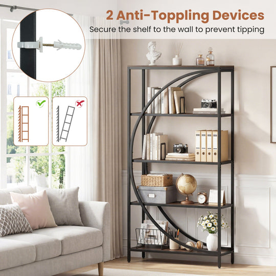 5-Tier Bookshelf with Half-Moon Shape for Living Room and Home Office