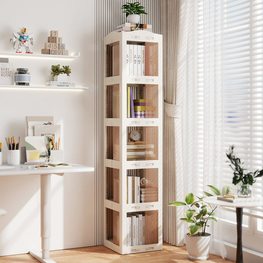 5-Tier Foldable Rotating Bookshelf 360¬∞ Spinning Bookcase with Swivel Base-White