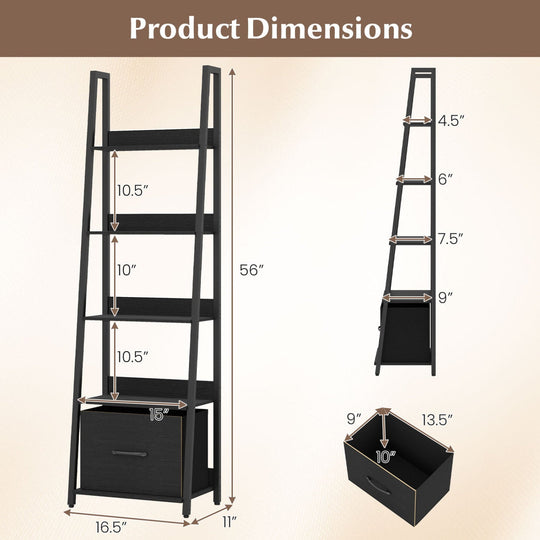 5-Tier Ladder Bookshelf with Fabric Drawer