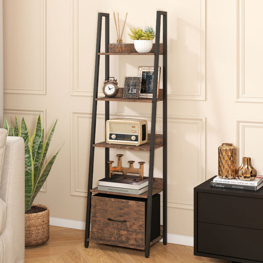5-Tier Ladder Bookshelf with Fabric Drawer